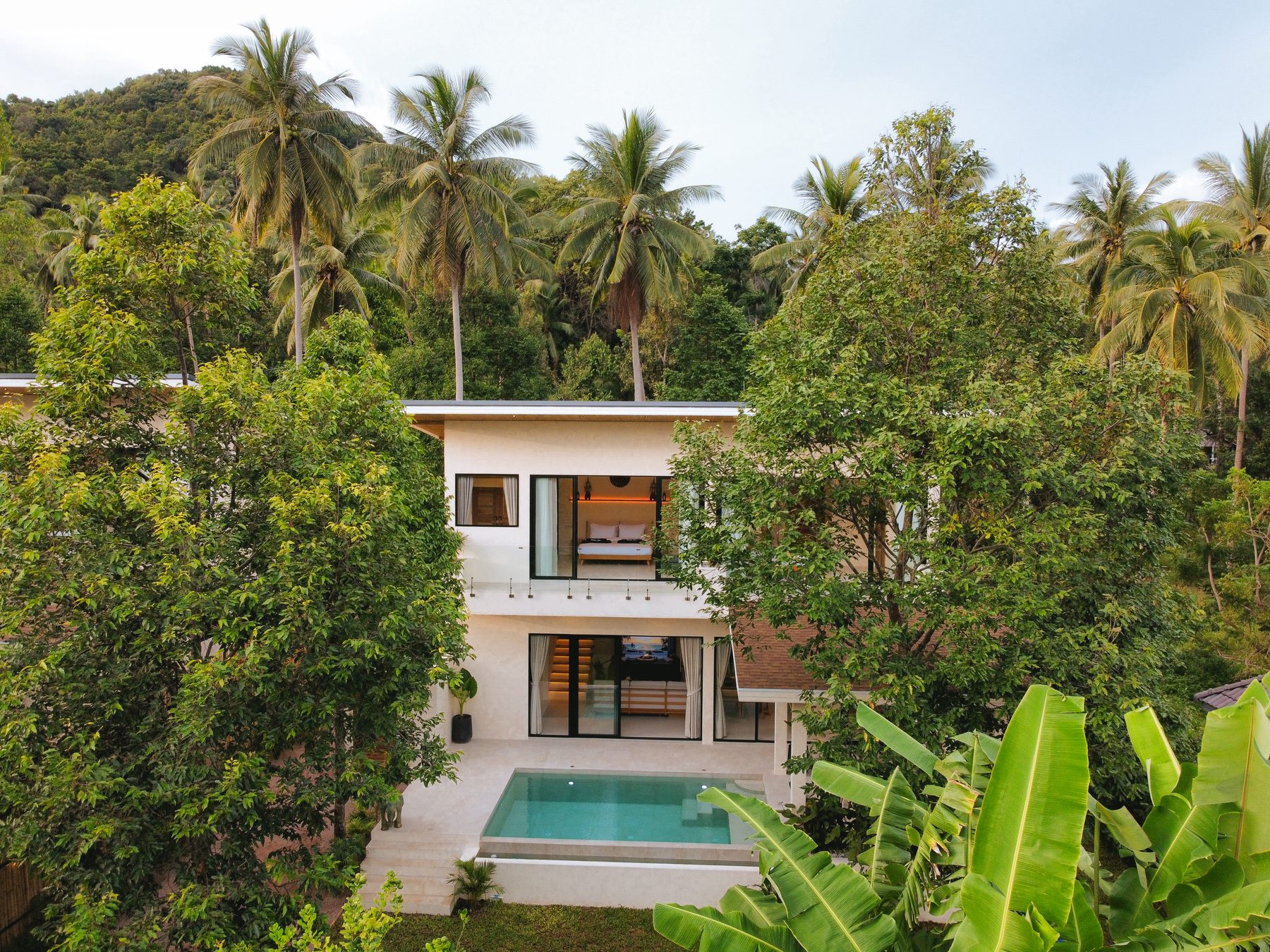 Aerial view of the villa among the trees